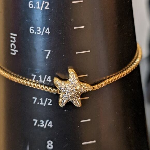 Gold Tone Box Chain Sparkle Starfish Adjustable Rhodium Plated Bracelet - Picture 9 of 9